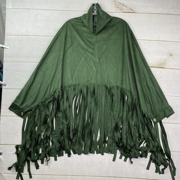 La Mode Sweaters - La Mode Tunic Womens L Hunter Green Turtleneck Fringe MicroFleece Boho NWT